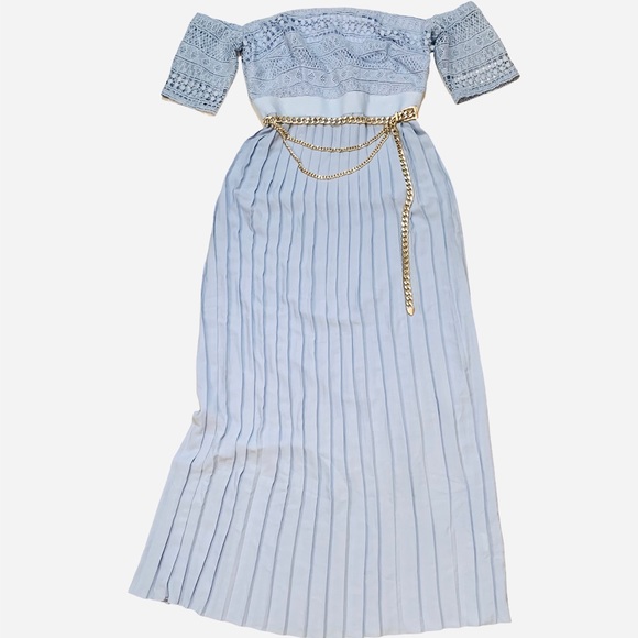 Little Mistress Baby Blue “Ellen” Crochet Lace Bardot Midaxi Dress - Picture 2 of 10